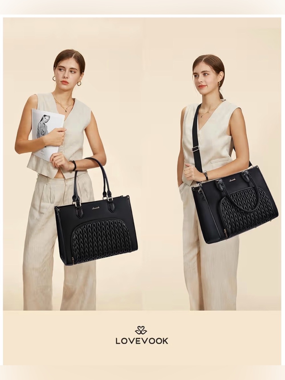 LOVEVOOK Laptop Lunch Tote Bag featuring a quilted front panel design - Picture 5 of 7